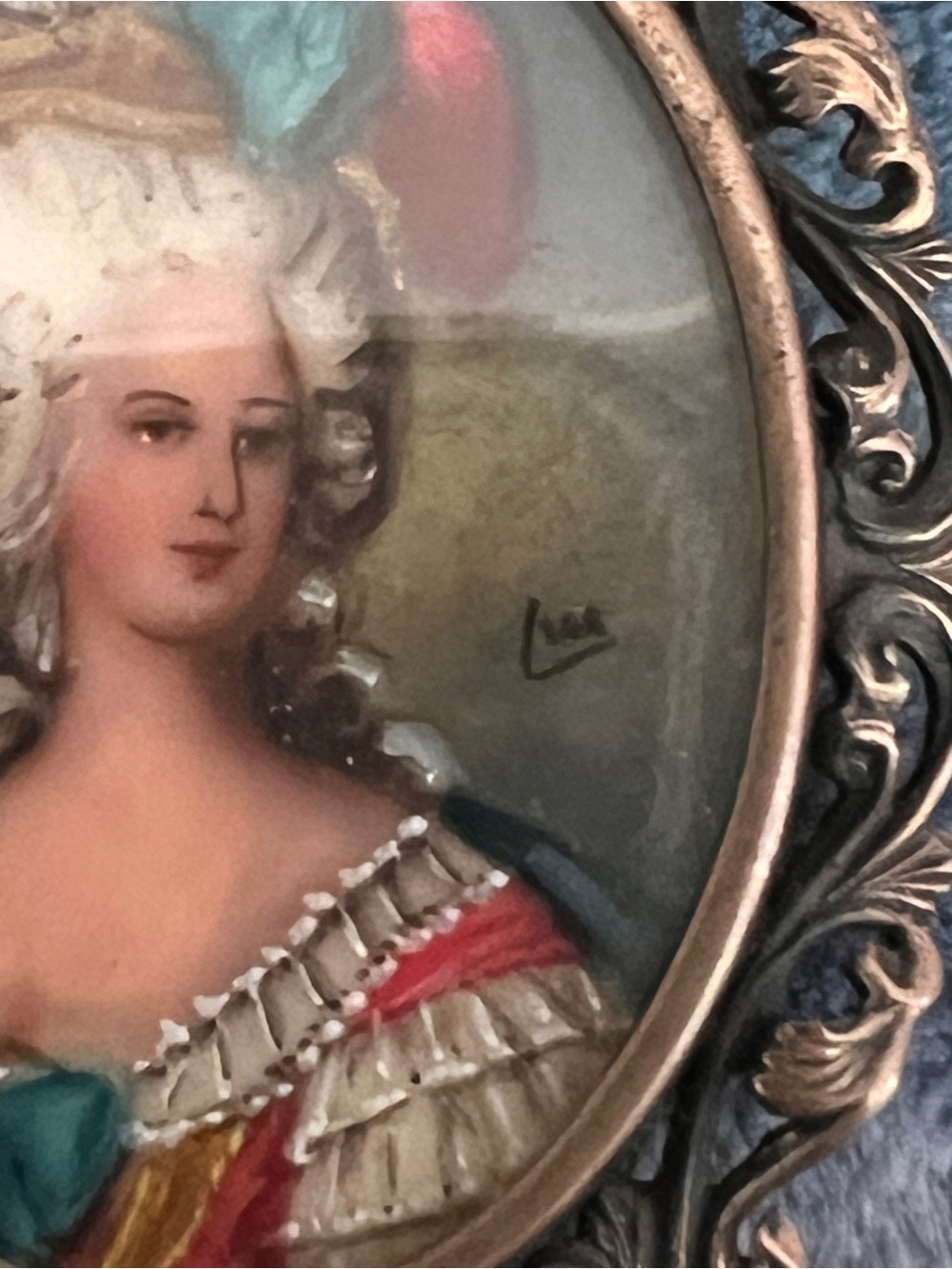 Antique 800 Sterling Silver Hand-Painted Portrait Brooch/Pendant Woman Signed - Picture 3 of 7